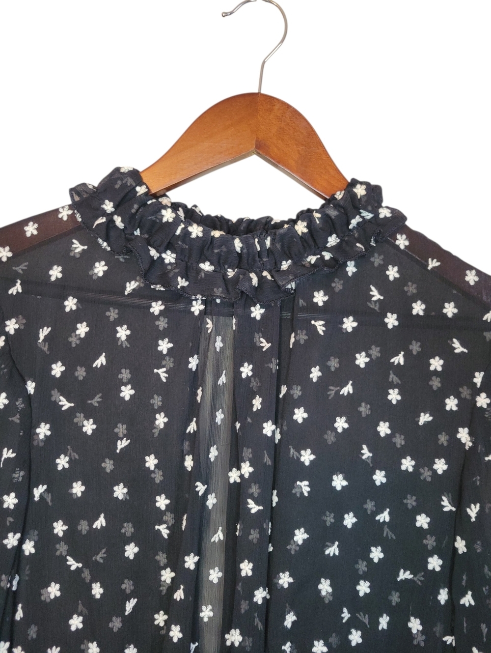Zara Sheer Embroidered Blouse Small Black Floral Mesh Ruffle Neck Peplum Top - Picture 4 of 10